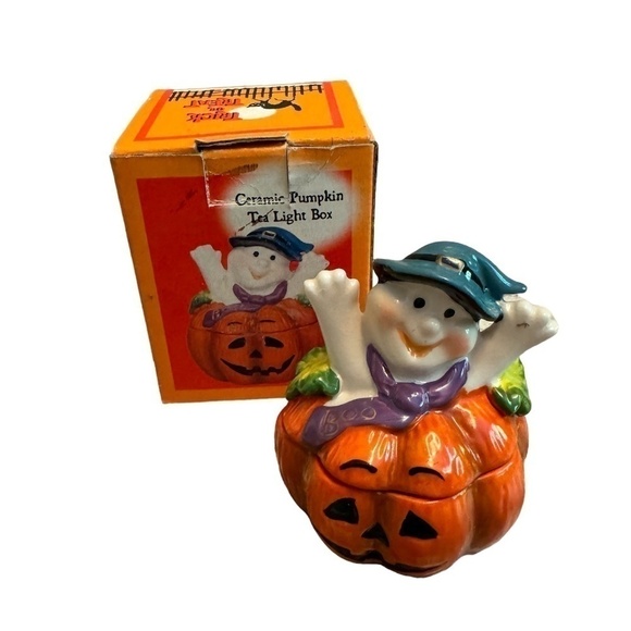 Halloween Ceramic Pumpkin Tea Light Holder - Picture 1 of 4